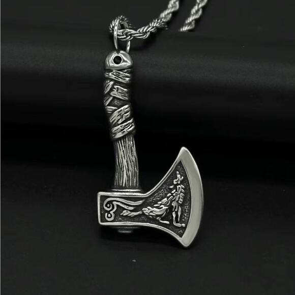 Viking Nordic Wolf Bird Ax Pendant 2 Sided Celtic Ragnar with Chain - Picture 3 of 6